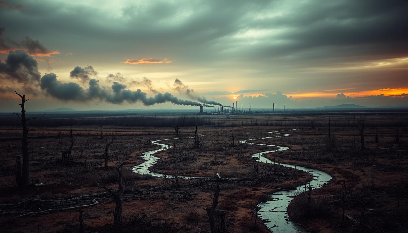 A sweeping landscape depicting the environmental impacts of oil extraction. In the foreground, a blighted, barren terrain scarred by oil wells and pipelines, with gnarled, dead trees and polluted streams. In the middle ground, a hazy, industrial skyline billows thick plumes of dark smoke. The background is a sinister, roiling sky tinged with an ominous orange glow, conveying a sense of environmental devastation. The scene is lit by a harsh, dramatic chiaroscuro lighting, casting deep shadows and highlights to heighten the sense of environmental degradation. The overall mood is one of somber, foreboding disquiet, reflecting the grave consequences of humanity's reliance on fossil fuels.