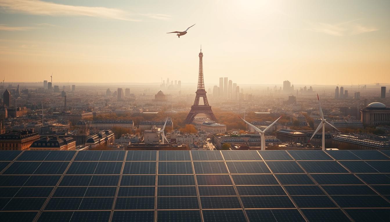 A sweeping panoramic view of the Paris skyline in 2024, with the iconic Eiffel Tower and other landmarks prominently featured. In the foreground, a sprawling array of solar panels and wind turbines dotting the urban landscape, generating clean, renewable energy to power the upcoming Olympic Games. The scene is bathed in a warm, golden glow, creating a sense of optimism and environmental progress. The composition emphasizes the integration of renewable energy infrastructure seamlessly into the city's architecture and skyline, showcasing EDF's commitment to a sustainable and energy-efficient future for the Olympic event.