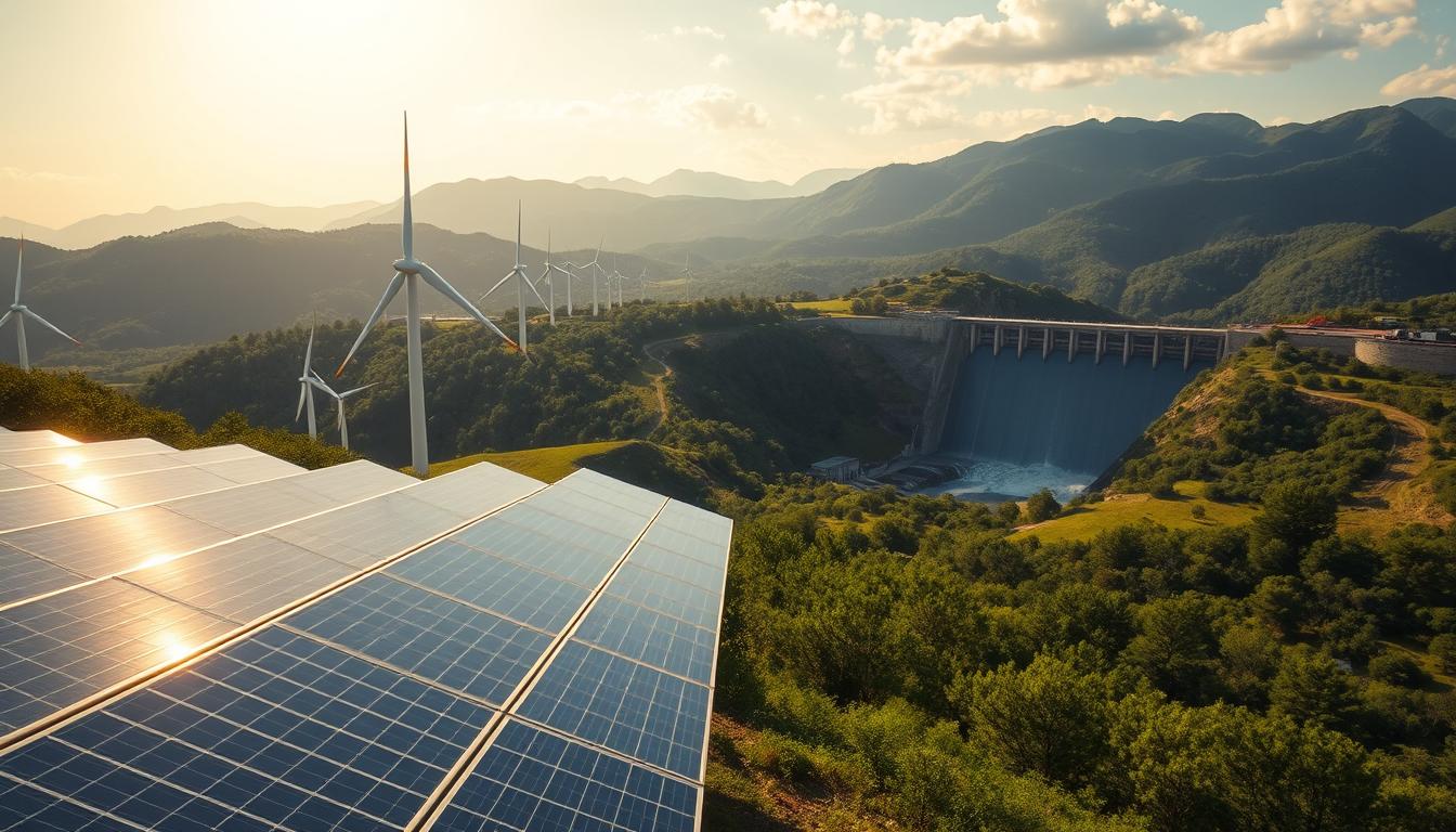 A sweeping vista of a vibrant renewable energy landscape, captured under a brilliant, sun-dappled sky. In the foreground, an array of gleaming solar panels soaks up the sun's rays, while towering wind turbines slice gracefully through the air, their blades casting long shadows across rolling hills. In the middle ground, a sleek, modern hydroelectric dam stands tall, harnessing the power of rushing water to generate clean, sustainable electricity. The background is dominated by lush, verdant forests and undulating mountains, a testament to the harmony between nature and human innovation. The overall scene exudes a sense of optimism and progress, reflecting the promising future of renewable energies. A sweeping vista of a vibrant renewable energy landscape, captured under a brilliant, sun-dappled sky. In the foreground, an array of gleaming solar panels soaks up the sun's rays, while towering wind turbines slice gracefully through the air, their blades casting long shadows across rolling hills. In the middle ground, a sleek, modern hydroelectric dam stands tall, harnessing the power of rushing water to generate clean, sustainable electricity. The background is dominated by lush, verdant forests and undulating mountains, a testament to the harmony between nature and human innovation. The overall scene exudes a sense of optimism and progress, reflecting the promising future of renewable energies.