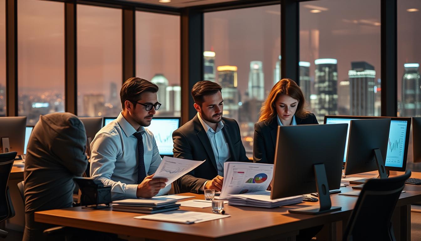 A team of financial analysts intently studying reports and charts, their faces illuminated by the soft glow of computer screens in a modern office setting. Sophisticated desks and ergonomic chairs create a professional atmosphere, while a panoramic window in the background reveals a cityscape of skyscrapers, reflecting the global nature of their work. Warm lighting casts subtle shadows, emphasizing the concentration and focus of the experts as they scrutinize data, offering insightful recommendations to guide investment decisions. A team of financial analysts intently studying reports and charts, their faces illuminated by the soft glow of computer screens in a modern office setting. Sophisticated desks and ergonomic chairs create a professional atmosphere, while a panoramic window in the background reveals a cityscape of skyscrapers, reflecting the global nature of their work. Warm lighting casts subtle shadows, emphasizing the concentration and focus of the experts as they scrutinize data, offering insightful recommendations to guide investment decisions.