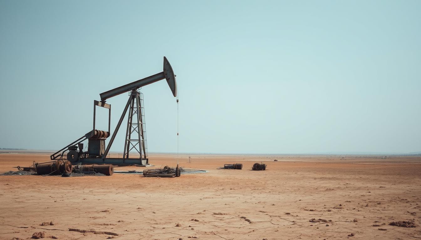 A vast, arid landscape stretches before the viewer, parched and barren. In the foreground, a lone oil well protrudes, its metallic frame weathered by the relentless sun. The ground around it is cracked and dry, devoid of any vegetation. Surrounding the well, piles of discarded drilling equipment and abandoned machinery lay rusting, a testament to the extraction of the finite resource. The sky above is a hazy, muted blue, with no clouds to offer respite from the oppressive heat. The scene conveys a sense of desolation and the inevitable depletion of this non-renewable resource, a stark reminder of the challenges facing the pursuit of energy in a sustainable manner.