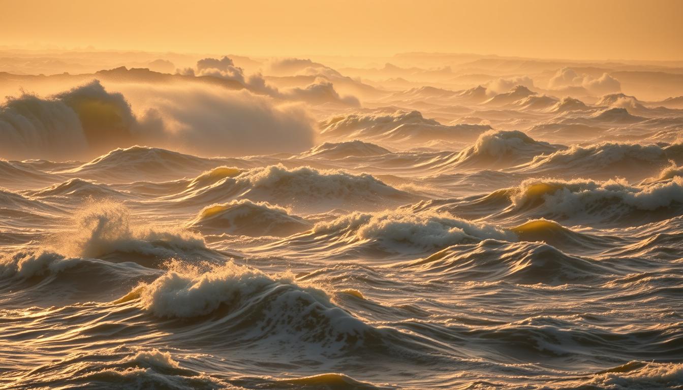 A vast expanse of churning waves, their crests glowing with golden hues as the sun's rays dance across the undulating surface. The foreground is dominated by towering walls of water, their shapes ever-changing as they surge forward, driven by the relentless power of the wind. In the middle ground, smaller waves crash against rocky outcroppings, their foamy tendrils reaching skyward. The background fades into a hazy horizon, where the line between sea and sky blurs, creating a sense of boundless energy and potential. This dynamic, captivating scene captures the essence of the "énergie des vagues," a renewable and bountiful resource waiting to be harnessed. A vast expanse of churning waves, their crests glowing with golden hues as the sun's rays dance across the undulating surface. The foreground is dominated by towering walls of water, their shapes ever-changing as they surge forward, driven by the relentless power of the wind. In the middle ground, smaller waves crash against rocky outcroppings, their foamy tendrils reaching skyward. The background fades into a hazy horizon, where the line between sea and sky blurs, creating a sense of boundless energy and potential. This dynamic, captivating scene captures the essence of the "énergie des vagues," a renewable and bountiful resource waiting to be harnessed.