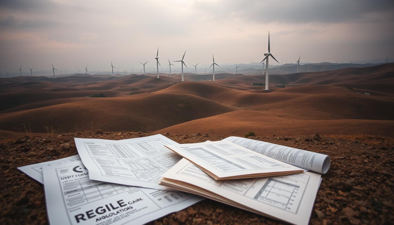 A vast expanse of rolling hills, dotted with towering wind turbines, their blades cutting through the air with graceful precision. In the foreground, regulatory documents and blueprints are scattered, hinting at the complex web of guidelines and policies governing this renewable energy landscape. The sky is painted in muted tones, a subtle reminder of the challenges and uncertainties that loom over the industry. The scene is captured through a wide-angle lens, conveying a sense of the scale and scope of the "défis éoliens réglementation" facing the renewable energy sector. The overall atmosphere is one of contemplation, highlighting the delicate balance between progress and regulation in the pursuit of a sustainable energy future.