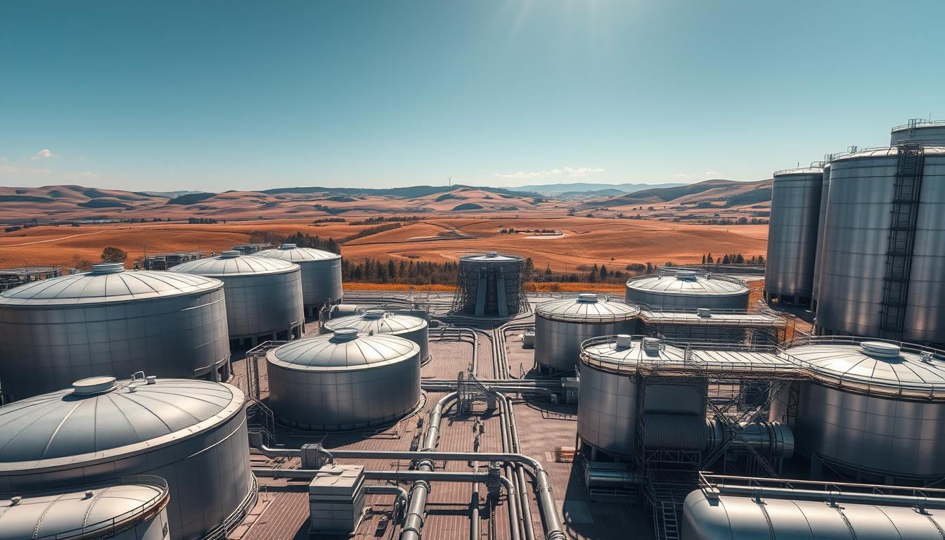 A vast, futuristic energy storage facility nestled in the heart of Germany. Towering silos and sleek, cylindrical tanks dotting the landscape, housing cutting-edge battery and pumped-storage technologies. Sunlight glints off the metallic surfaces, casting dynamic shadows across the scene. In the middle ground, a network of pipelines and cables weave through the complex, connecting the various storage systems. The background features rolling hills and a clear, blue sky, conveying a sense of harmony between the industrial innovation and the natural environment. The overall mood is one of technological progress and environmental sustainability, capturing the essence of Germany's renewable energy transition.