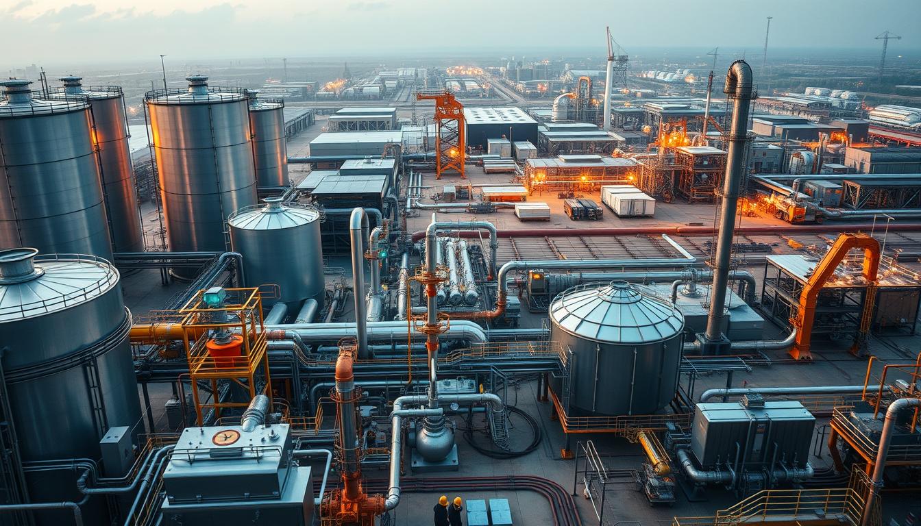 A vast industrial landscape, with towering storage tanks, pipes, and machinery reflecting the diverse applications of methanol. In the foreground, a group of workers dressed in protective gear, operating complex equipment against a backdrop of gleaming steel and flashing lights. The middle ground features a series of chemical reactors, distillation columns, and other processing units, illuminated by warm, diffuse lighting that casts long shadows across the scene. The background is dominated by a sprawling network of warehouses, workshops, and transportation infrastructure, hinting at the extensive supply chains and logistics involved in methanol-based industries. An atmosphere of efficiency, innovation, and environmental responsibility pervades the scene, reflecting the potential of renewable methanol as a sustainable fuel and chemical feedstock.