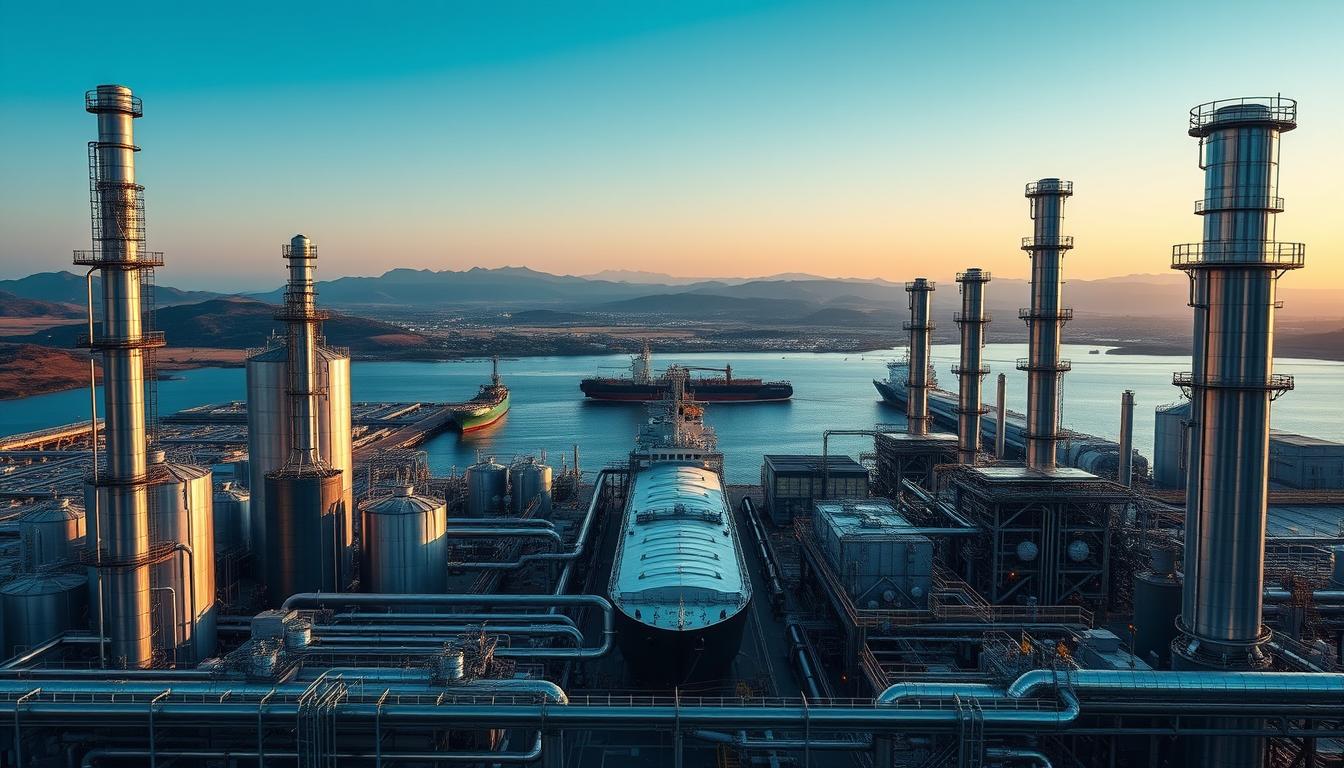 A wide, well-lit industrial landscape featuring a modern methanol refinery in the foreground. Towering steel tanks, pipes, and processing equipment dominate the scene, with a clear blue sky and distant rolling hills in the background. The refinery emits a subtle glow, conveying the energy and efficiency of methanol production. In the middle ground, sleek tanker ships are docked, ready to transport the renewable methanol fuel to its destination. The overall impression is one of innovation, sustainability, and the bright future of methanol as a clean, versatile energy source.