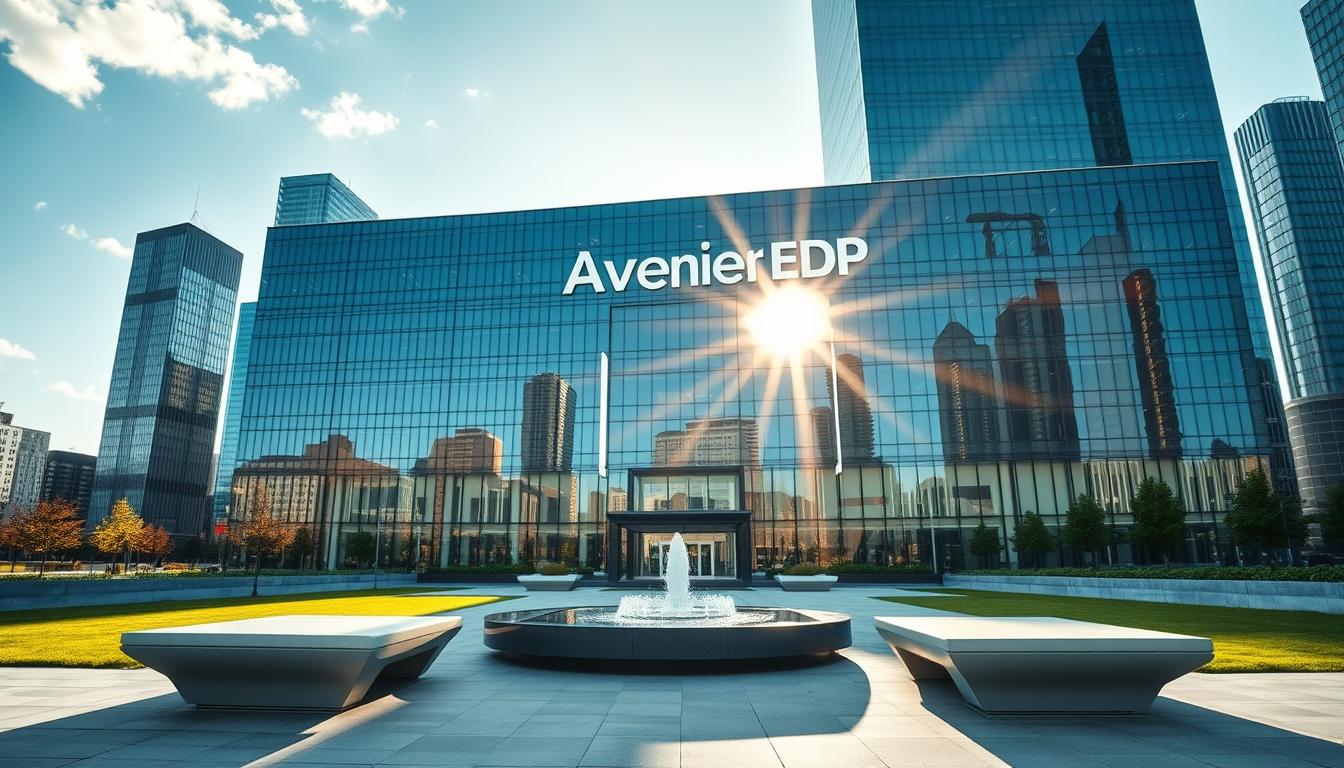 An elegant corporate headquarters in a modern city skyline, with the "Avenir EDP" logo prominently displayed on the facade. The building is made of glass and steel, reflecting the sky and surrounding skyscrapers. Sunlight streams through the windows, casting a warm, optimistic glow. In the foreground, a well-manicured plaza with sleek benches and a central water feature, inviting visitors to pause and appreciate the forward-thinking design. The overall scene conveys a sense of progress, innovation, and a bright future for the energy company. An elegant corporate headquarters in a modern city skyline, with the "Avenir EDP" logo prominently displayed on the facade. The building is made of glass and steel, reflecting the sky and surrounding skyscrapers. Sunlight streams through the windows, casting a warm, optimistic glow. In the foreground, a well-manicured plaza with sleek benches and a central water feature, inviting visitors to pause and appreciate the forward-thinking design. The overall scene conveys a sense of progress, innovation, and a bright future for the energy company.