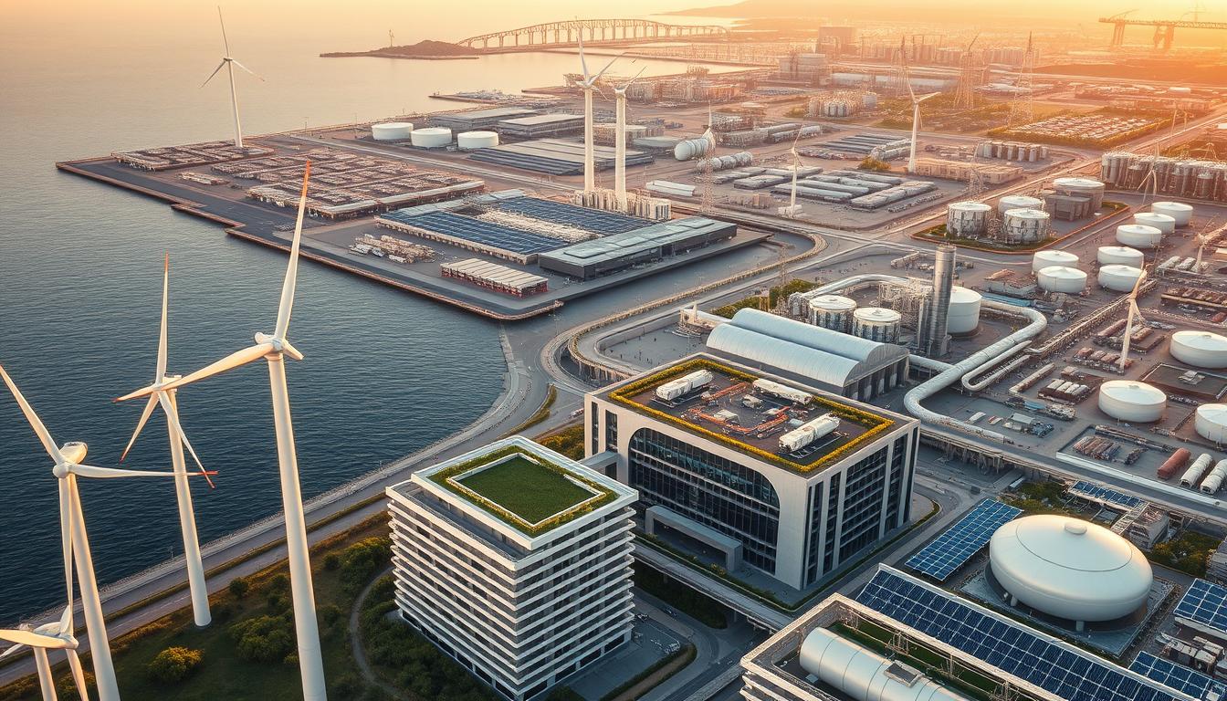 An expansive aerial view of a coastal city, with innovative energy projects prominently featured. In the foreground, towering wind turbines and solar panels dot the landscape, harnessing the power of the elements. In the middle ground, sleek modern buildings with rooftop gardens and cutting-edge sustainable technologies stand out. In the background, a sprawling industrial complex with gleaming futuristic structures, pipelines, and storage tanks. The scene is bathed in a warm, golden light, conveying a sense of progress and a commitment to renewable energy solutions. The overall atmosphere is one of technological advancement, environmental stewardship, and a vision for a sustainable future.