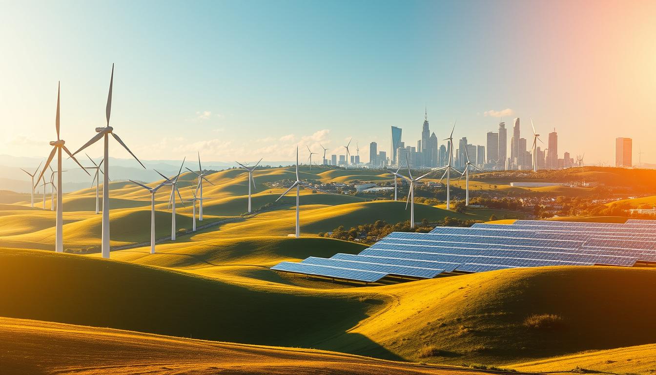 Bénéfices énergies propres emplois: a vibrant landscape depicting the economic and environmental advantages of renewable energy. In the foreground, a bustling wind farm with towering turbines casting dramatic shadows across rolling hills. In the middle ground, rows of solar panels glisten in the sunlight, powering a thriving community. The background features a skyline of modern, energy-efficient buildings, symbolizing the job opportunities and sustainable infrastructure enabled by clean energy. The scene is bathed in a warm, golden light, conveying a sense of prosperity and progress. The overall composition evokes a harmonious balance between technology, nature, and human enterprise.