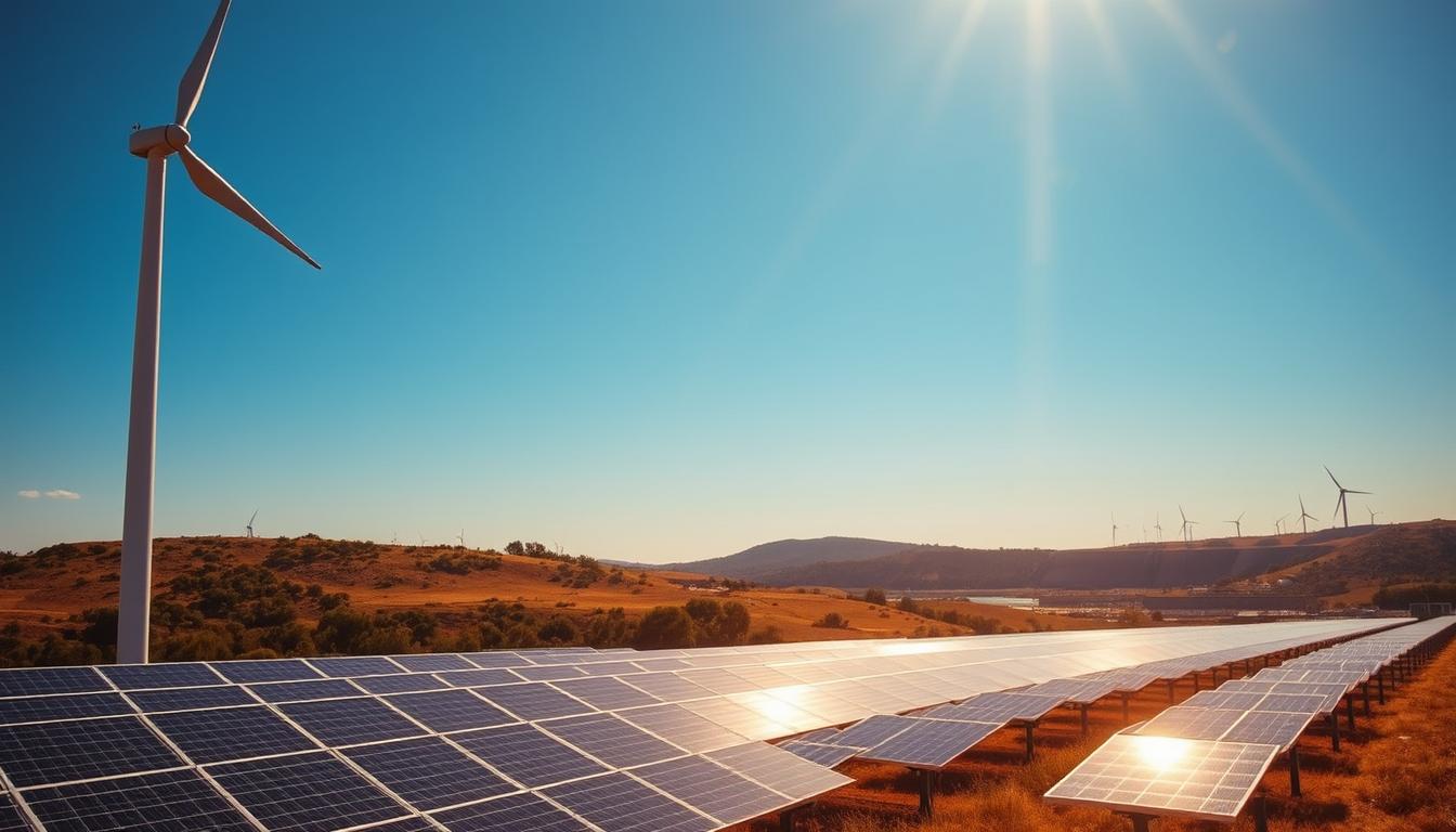Prompt A vibrant landscape showcasing the impact of renewable energies on EDP, the Portuguese energy group. In the foreground, a wind turbine stands tall, its blades spinning gracefully against a clear blue sky. In the middle ground, solar panels glisten in the sunlight, generating clean electricity. In the background, the silhouettes of hydroelectric dams and other renewable energy infrastructure dot the horizon, symbolizing EDP's transition towards sustainable power generation. The scene is bathed in warm, golden lighting, conveying a sense of progress and optimism. The overall composition emphasizes the integration of renewable technologies into EDP's energy portfolio, highlighting their growing influence and importance. Prompt A vibrant landscape showcasing the impact of renewable energies on EDP, the Portuguese energy group. In the foreground, a wind turbine stands tall, its blades spinning gracefully against a clear blue sky. In the middle ground, solar panels glisten in the sunlight, generating clean electricity. In the background, the silhouettes of hydroelectric dams and other renewable energy infrastructure dot the horizon, symbolizing EDP's transition towards sustainable power generation. The scene is bathed in warm, golden lighting, conveying a sense of progress and optimism. The overall composition emphasizes the integration of renewable technologies into EDP's energy portfolio, highlighting their growing influence and importance.