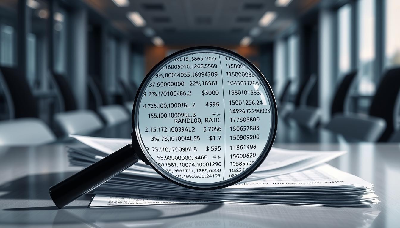 Rendement dividendes: a striking financial visualization. Against a backdrop of a sleek, modern office setting, a magnifying glass hovers over a stack of financial documents, casting a focused light on the key numbers and figures. The lens distorts the text, drawing the viewer's attention to the core metrics - dividend yield, payout ratio, and other crucial data points. The lighting is crisp and directional, creating strong shadows that convey a sense of gravity and importance. The composition is balanced, with the magnifier positioned centrally to guide the eye. An air of professionalism and analytical rigor pervades the scene, reflecting the serious nature of the financial subject matter. Rendement dividendes: a striking financial visualization. Against a backdrop of a sleek, modern office setting, a magnifying glass hovers over a stack of financial documents, casting a focused light on the key numbers and figures. The lens distorts the text, drawing the viewer's attention to the core metrics - dividend yield, payout ratio, and other crucial data points. The lighting is crisp and directional, creating strong shadows that convey a sense of gravity and importance. The composition is balanced, with the magnifier positioned centrally to guide the eye. An air of professionalism and analytical rigor pervades the scene, reflecting the serious nature of the financial subject matter.