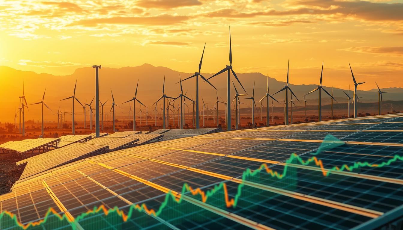 Volatility in the renewable energy markets, a dynamic interplay of global forces. Capture the turbulent fluctuations of stock prices, the ebb and flow of investor sentiment, against a backdrop of towering wind turbines and solar panels. Utilize a cinematic perspective, with a sweeping wide-angle lens to showcase the grandeur of the renewable energy landscape. Bathe the scene in a warm, golden hour lighting to evoke a sense of optimism and potential. Subtle hints of financial data charts and graphs in the foreground, seamlessly integrated to emphasize the thematic connection. Convey the energy and excitement of a rapidly evolving industry, poised for transformation.