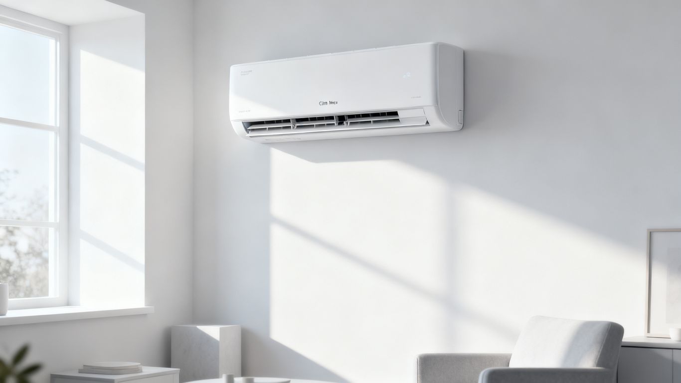 Climatiseur mono split mural blanc dans un salon moderne.